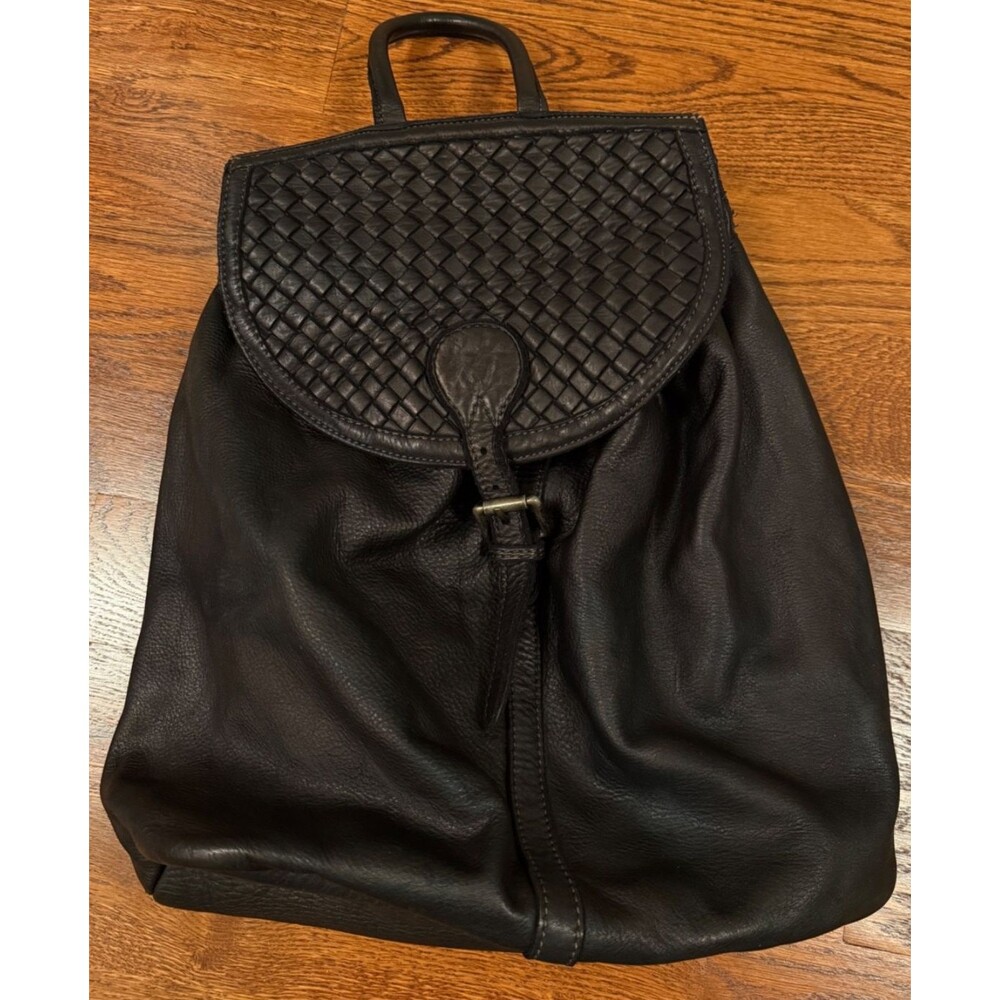 Women's Black Woven Flap Leather Backpack